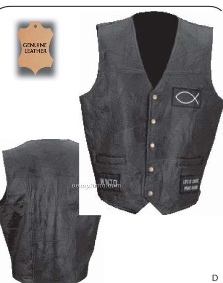 Giovanni Navarre Leather Vest With Embroidered Christian Patches (L)