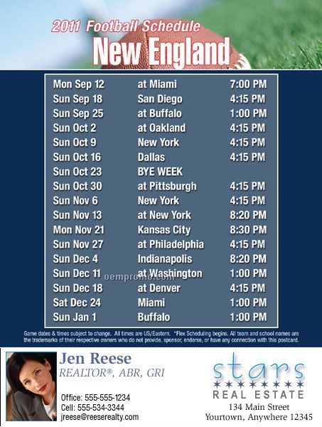 New England Football Schedule Postcards - Standard (4-1/4" X 5-1/2")