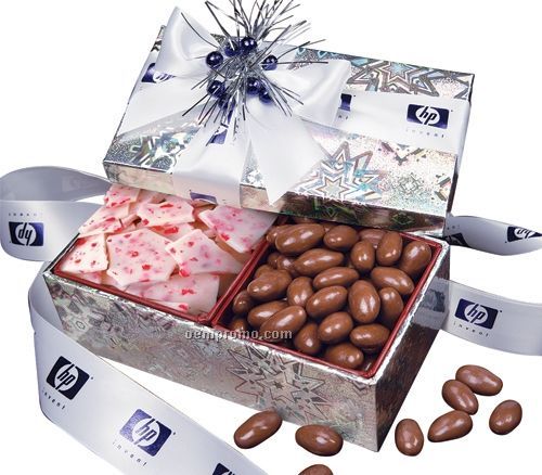 Snowflake Gift Box W/ Peppermint Bark & Milk Chocolate Almonds