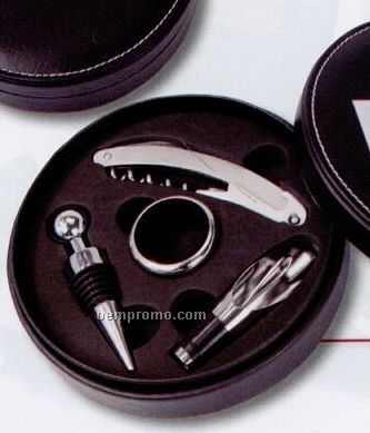 4 Piece Set Bar Accessory Gift Set In Round Leatherette Box