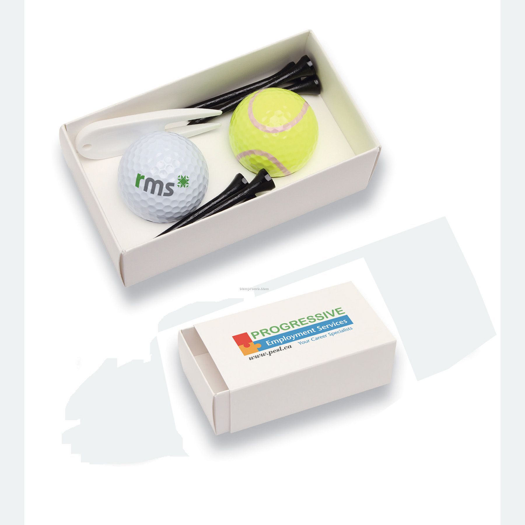 Box W/Tennis Golf Ball,1 White Golf Balls, Six 2 3/4" Tees And 1 Divot