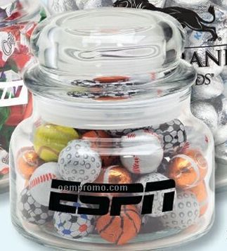 Chocolate Sport Or Earth Balls In 11 Oz. Round Glass Candy Jar
