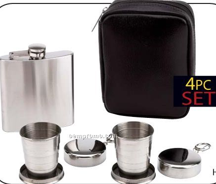 Maxam 4 PC Flask And Collapsible Cups Set