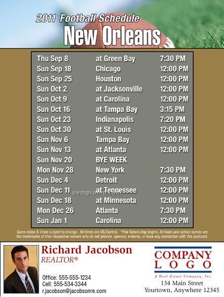 New Orleans Football Schedule Postcards-standard (4-1/4" X 5-1/2")