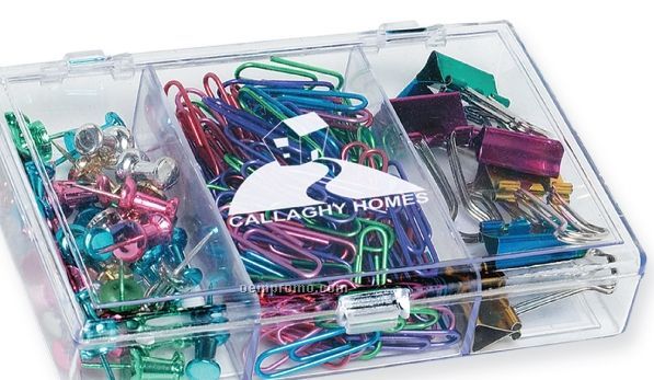 Rectangular Clear Case With Metallic Paper/ Binder Clips & Push Pins