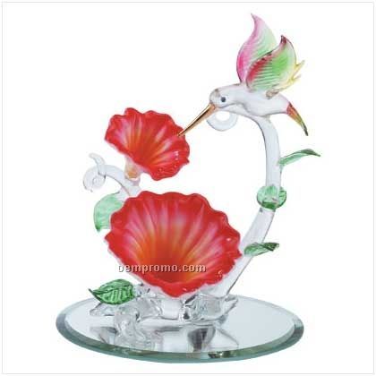 Glass Hummingbird Over Flowers Luminous Figurine