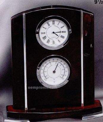 Rosewood Piano Finish Clock & Thermometer W/ Chrome Trim (6"X1 3/4"X7")