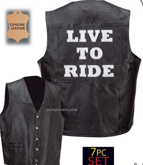 Diamond Plate 7 Piece Leather Motorcycle Vest Set (Live To Ride)