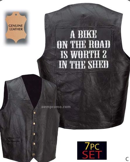 Diamond Plate 7 Piece Leather Motorcycle Vest Set (2 In The Shed)