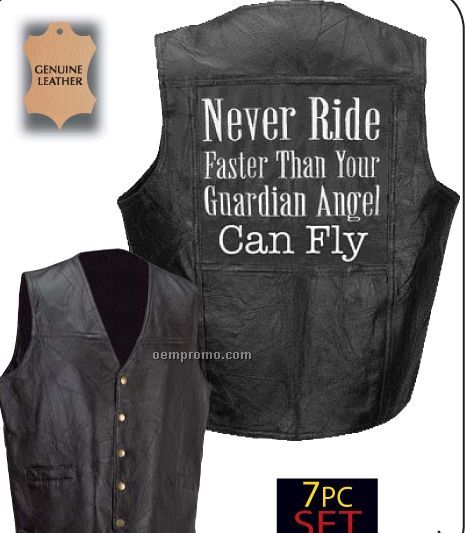 Diamond Plate 7 Piece Leather Motorcycle Vest Set (Guardian Angel)