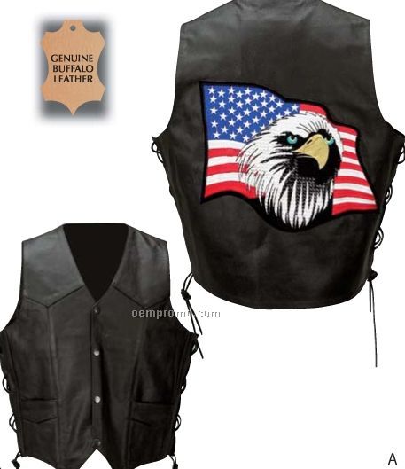 Rocky Mountain Hides Leather Vest W/ Large Eagle & Flag Patch (L)