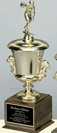 Tall Bright Metal Gold Cup On Cherry Finished Base