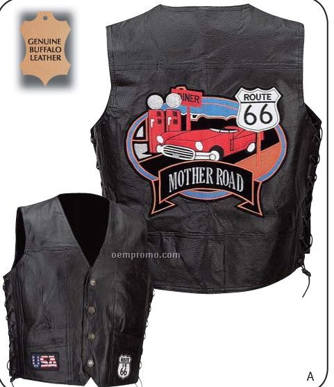 Diamond Plate Leather Biker Vest W/ Route 66 Theme Patches (M)