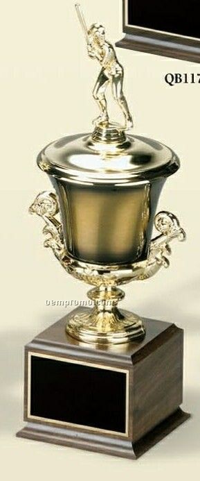 Tall Antique Gold Cup On Cherry Finished Base