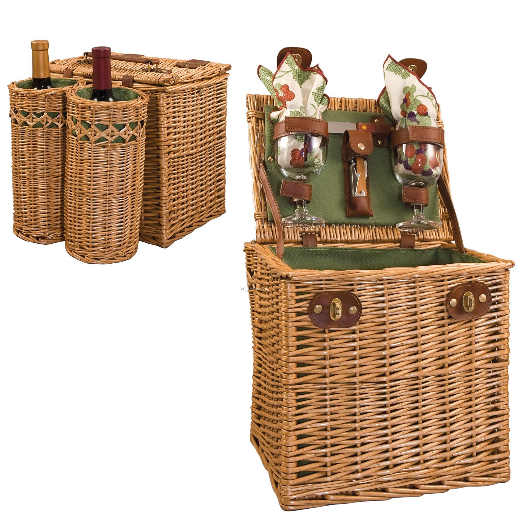 Vino 11" Basket W/ 2 Exterior Wine Compartments (Grape Pattern Napkins)