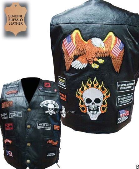 Diamond Plate Genuine Buffalo Leather Biker Vest With 23 Patches (3xl)