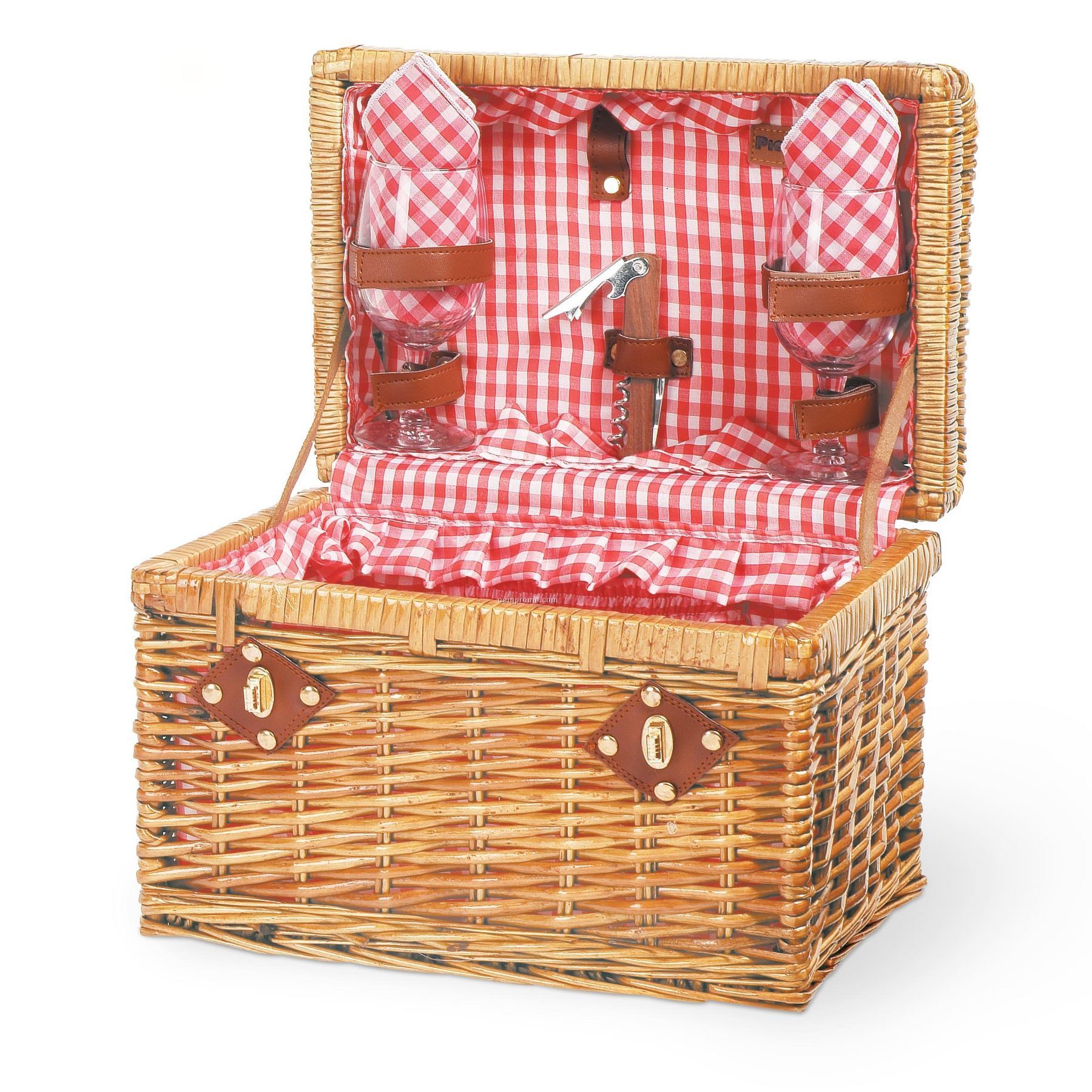 Chardonnay Picnic Basket W/ Wine Service For 2 (Red Checkered Accents)