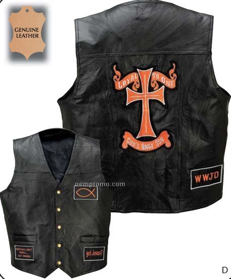 Giovanni Navarre Leather Vest With Christian Patches (M)