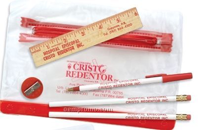 Clear Translucent Pouch School Kit (2 Pencils/6" Ruler/Pen/Sharpener)