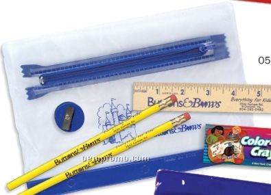 Clear Translucent Pouch School Kit (2 Pencils/6" Ruler/Crayon/Sharpener)