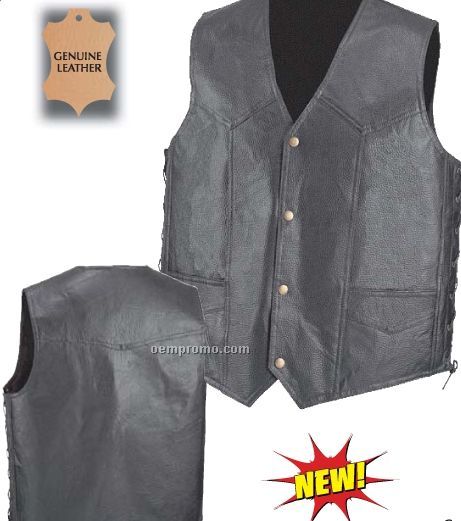 Diamond Plate Hand-sewn Pebble Grain Genuine Leather Vest (L)