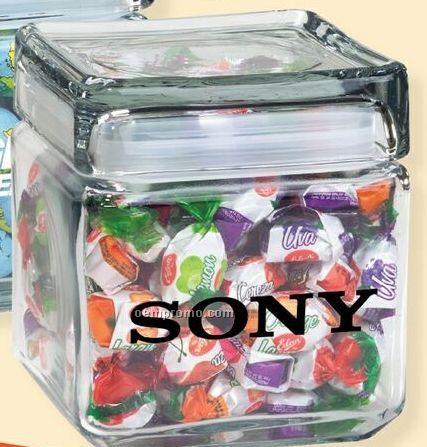 Chocolate Buttons Candy In 32 Oz. Square Glass Candy Jar