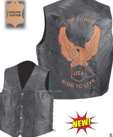 Diamond Plate Genuine Leather Motorcycle Vest (Live To Ride/ M)