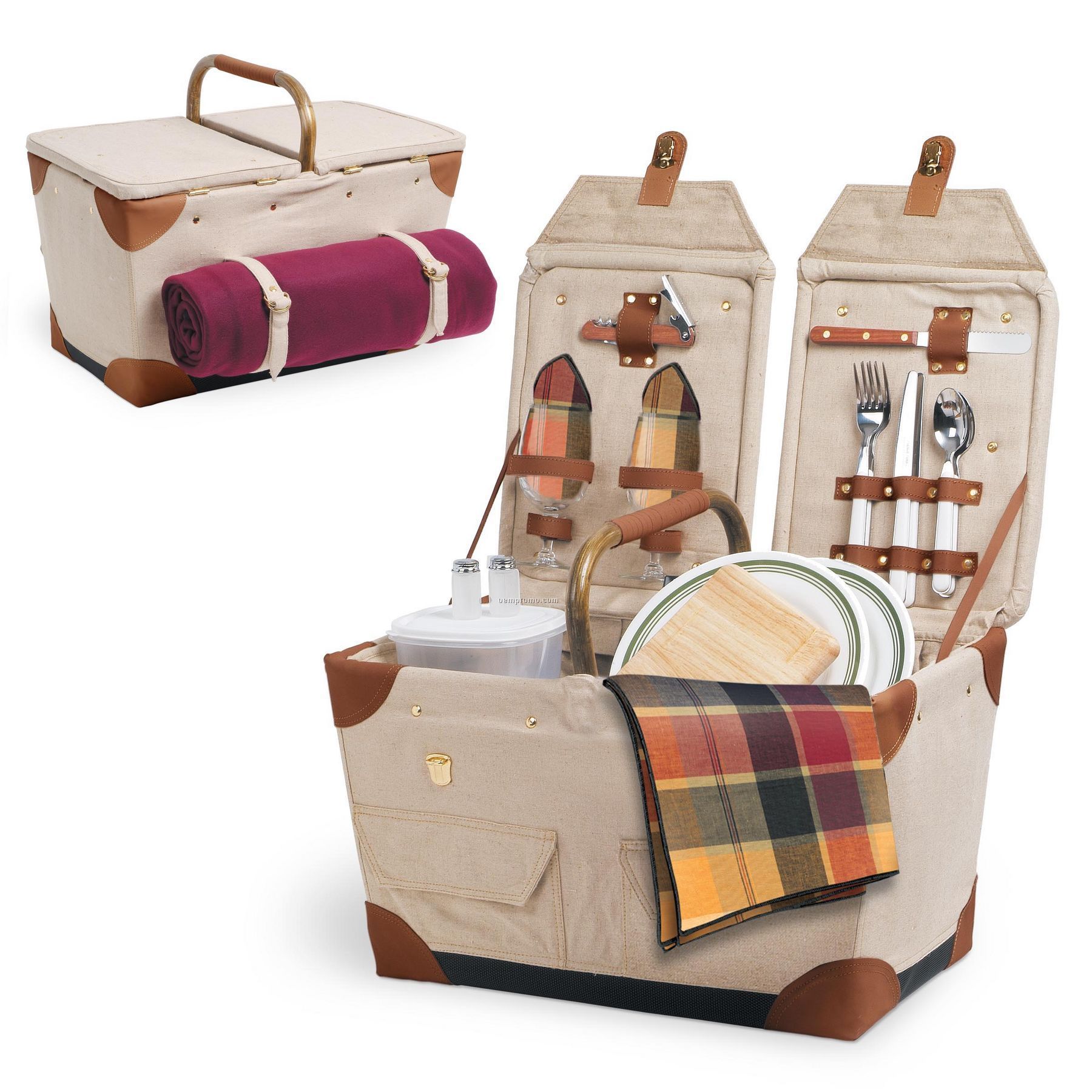 Pioneer Canvas Picnic Basket W/ Service For 2 (Burgundy Plaid Accents)