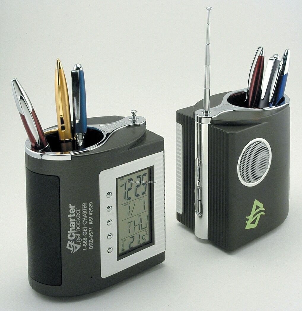 Multi Display Pen Holder/ Clock/ Thermometer/ Calendar/ FM Radio