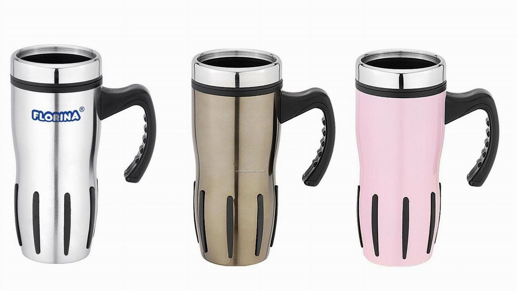 Travel Mug - 16 Oz. Stainless Steel & Rubber Ribbed Outer W/ Durable Handle