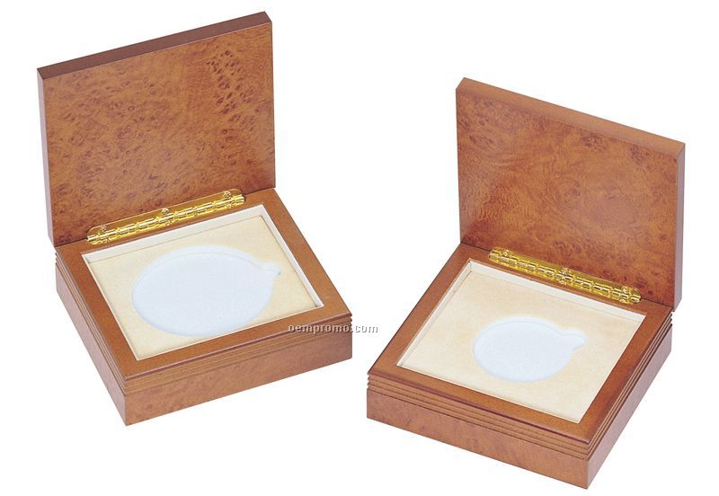 Burlwood Box With Coin Or Medallion Slot (4-1/4"X3-7/8"X1-3/4")