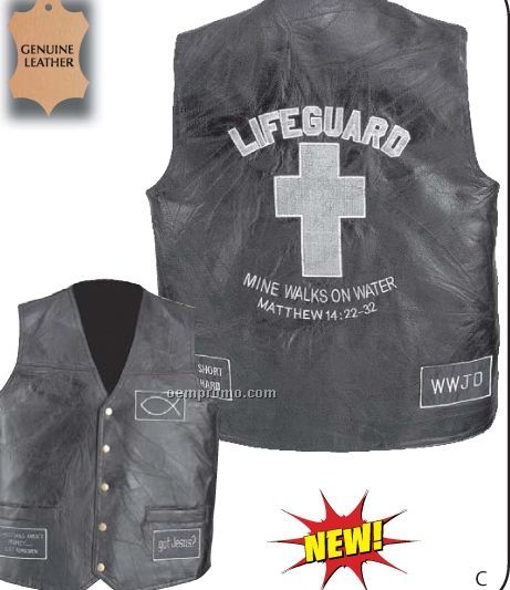 Diamond Plate Rock Design Genuine Leather Vest W/ Christian Patches (M)