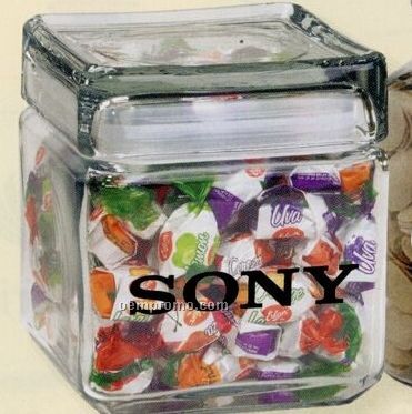 Foil Wrapped Hard Candies In 32 Oz. Square Glass Candy Jar