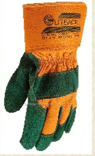 Green Split Leather Palm Cowhide Glove With Gold Fabric Back