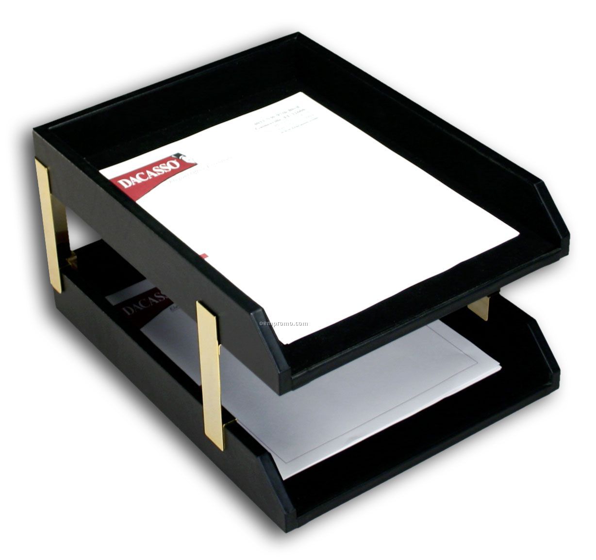 Black Classic Leather Double Front-load Letter-size Trays W/ Gold Posts