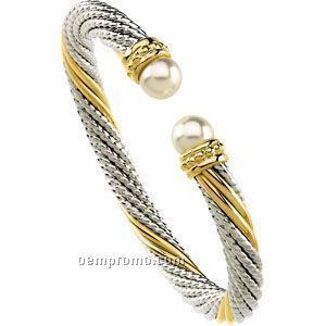 Ladies' Sterling Silver/14y 6-1/2mm Cable Cuff Bracelet W/ Pearl End