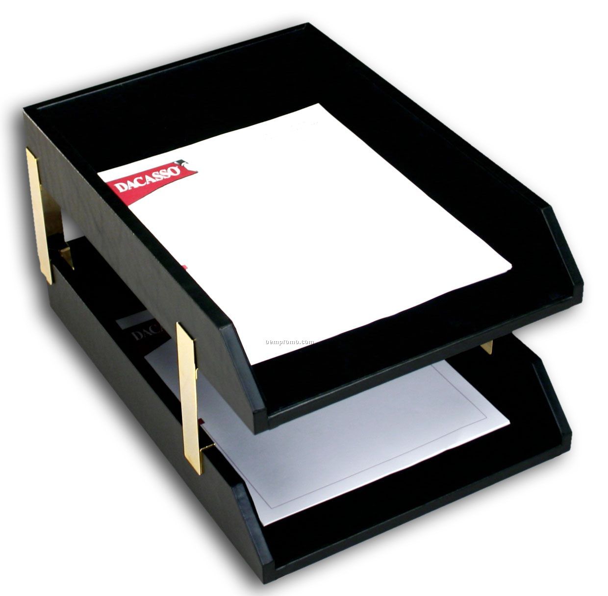 Classic Leather Double Front-load Legal-size Trays - Black W/ Gold Posts