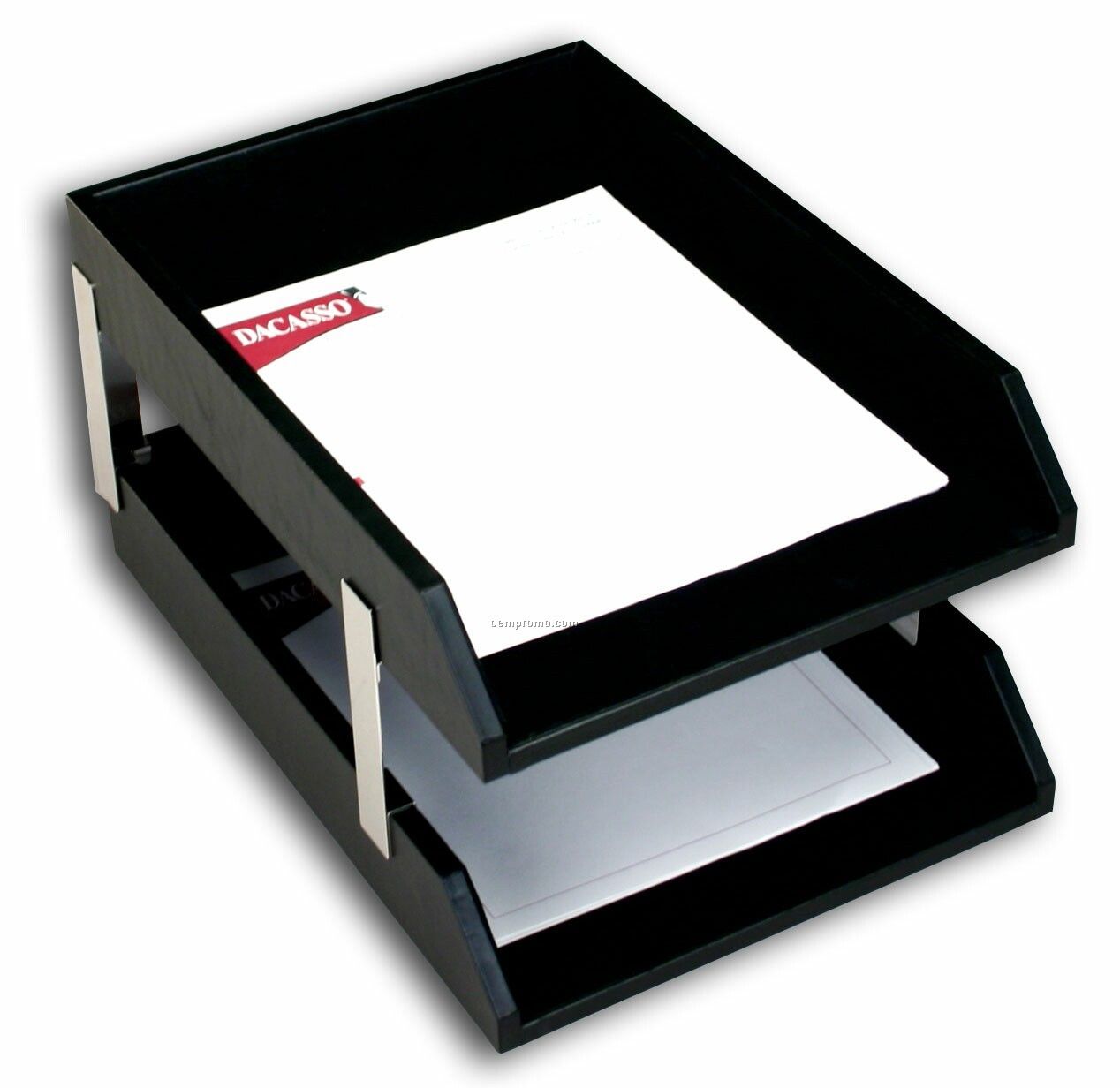 Black Classic Leather Double Front-load Letter-size Trays W/ Silver Posts