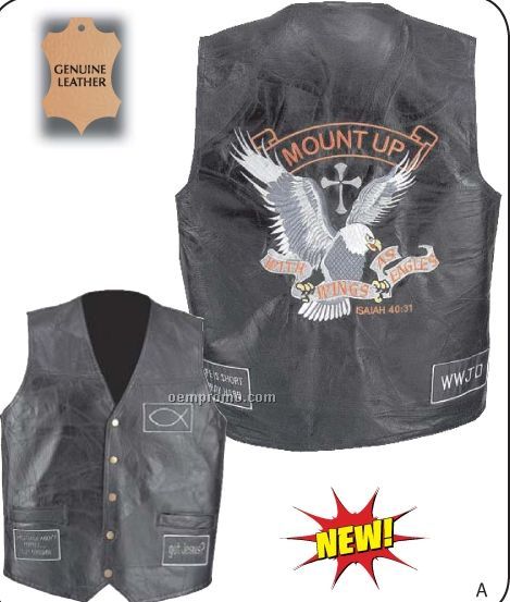 Diamond Plate Rock Leather Vest W/ "Mount Up" Christian Patches (M)