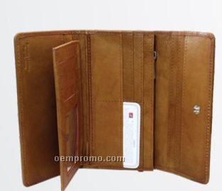 Medium Brown Ladies 7" Stone Wash Cowhide Wallet W/ Removable Checkmate