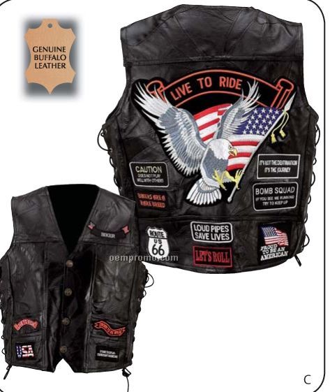 Diamond Plate Genuine Buffalo Leather Biker Vest W/ Multiple Patches (S)