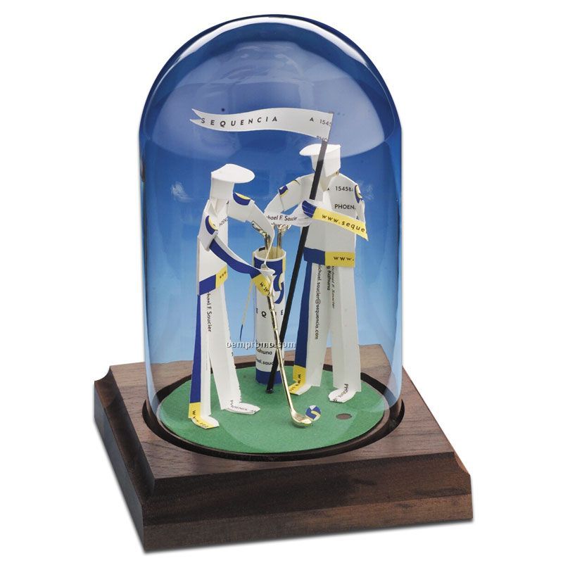 Stock Business Card Sculpture In A Dome - Golfer W/ Caddy