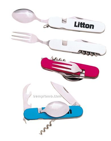 5"X1-1/8" 6 Function Anodized Camping Set W/Knife/Fork & Spoon