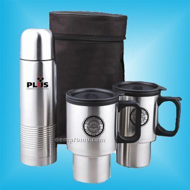 4 Pcs Screened Travel Mug Set: 2 Mugs, 1 Thermal Bottle & Carrying Case