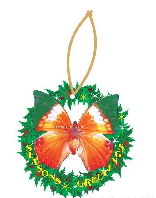 Orange & Green Butterfly Wreath Ornament W/ Mirrored Back (6 Square Inch)