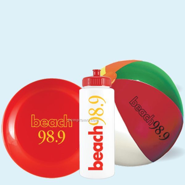 Bottle Beach Kit - 32 Oz Sports Bottle, 9" Beach Ball & 9" Flying Disc In M