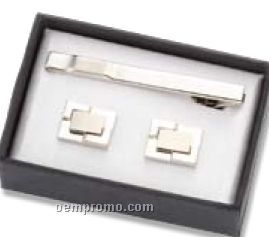 2 Tone Silver Metal Cufflinks W/ Matching Tie Clip