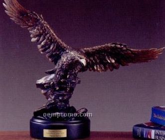 Copper Tint Spread Wing Eagle Trophy On Stacked Rocks /Round Base (17
