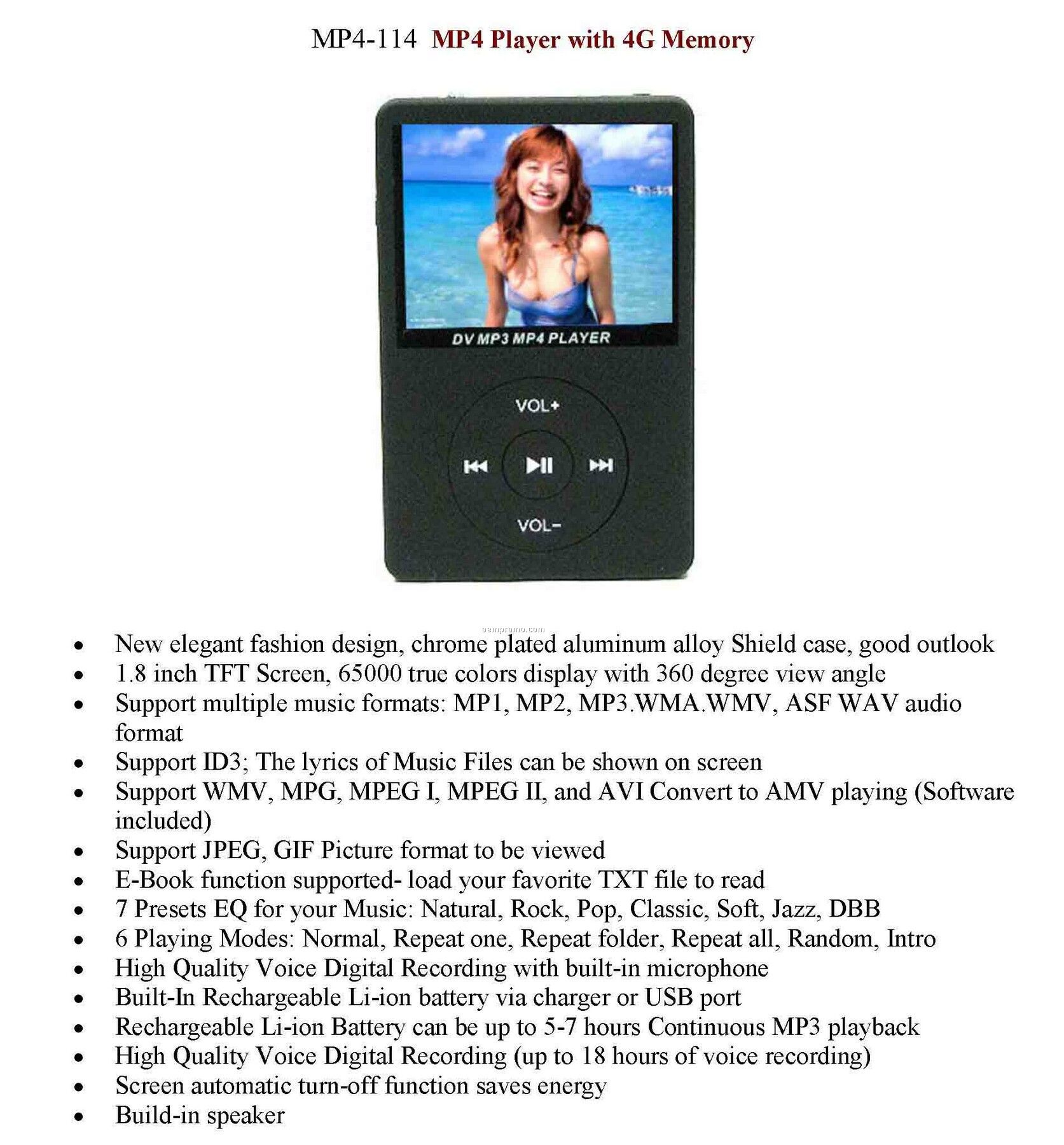 Mp4 Video Music Player With 4g Memory / Voice Recorder