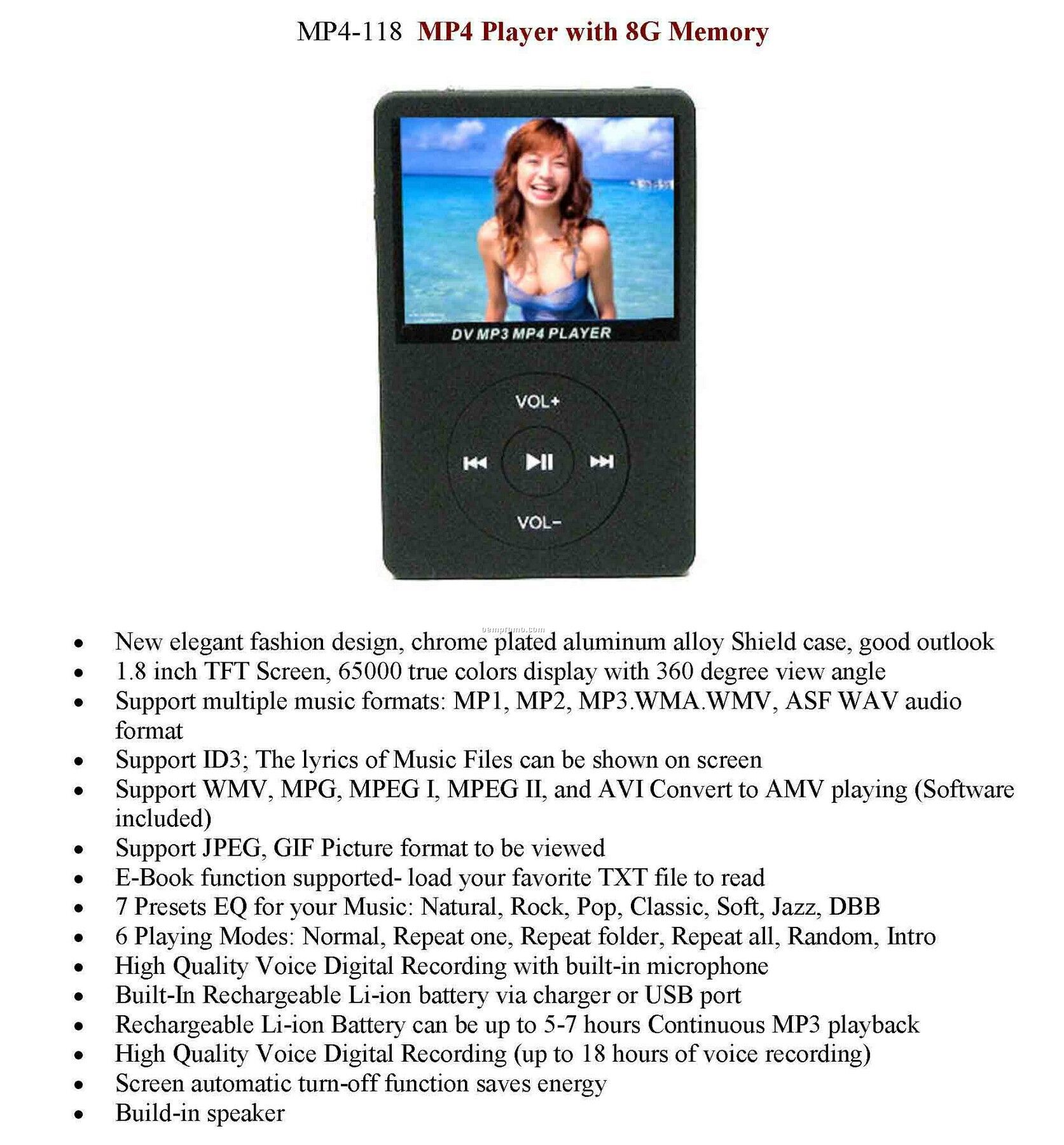 Mp4 Video Music Player With 8g Memory / Voice Recorder